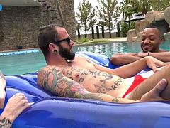 Inked bisexual ir babe threesome outdoors fucked in the pool