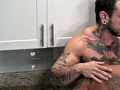 Tattooed hunk fucks his MTF lover after blowjob and pussy licking
