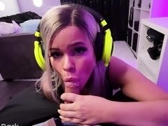 Blonde gamer girl with big boobs gives special POV blowjob