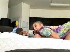 Curvy ebony wife sucks and fucks a big black pole on webcam