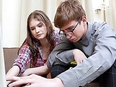 Adorable teen grants nerdy boyfriend the first and best fuck in his life