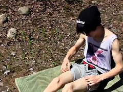 Outdoor masturbation with anal beads for cute Asian twink
