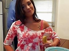 Naughty girl nearly caught sucking cock