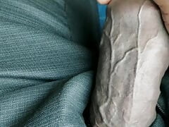Horny teacher with huge veiny cock flashing and masturbating in bus