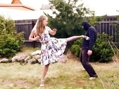 Femdom teen uses masked guy as martial arts training partner